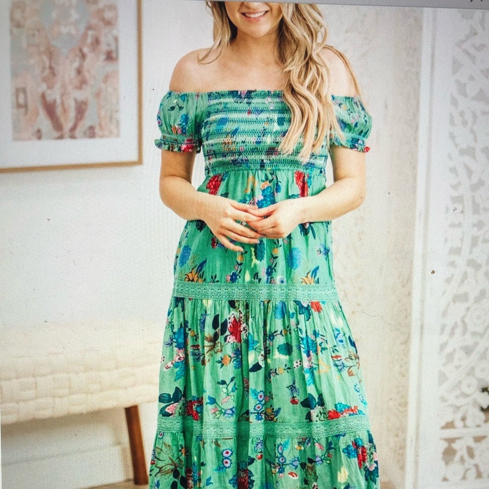 Floral green smocked maxi dress